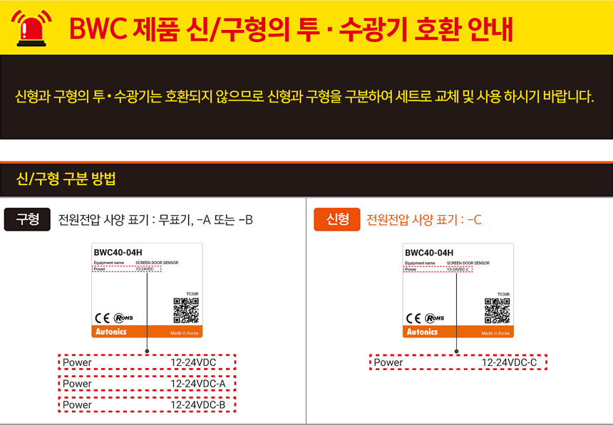 BWC 제품 신/구형의 투.수광기 호환 안내 : 신형과 구형의 투.수광기는 호환되지 않으므로 신형과 구형을 구분하여 세트로 교체 및 사용 하시기 바랍니다.