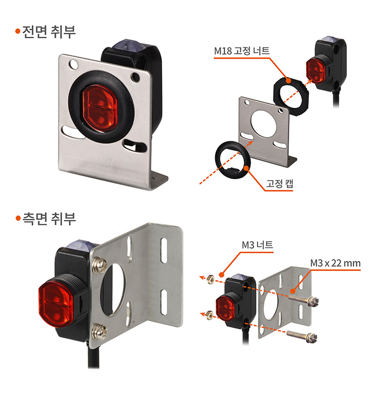 전면 취부 : M18 고정 너트, 고정 캡, 측면 취부 : M3 너트, M3×22mm