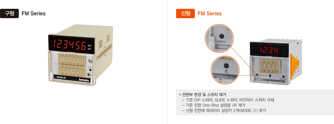 구형:FM Series, 신형:FM Series *전면부 변경 및 스위치 제거 -기존 DIP 스위치, SLIDE 스위치, ROTARY 스위치 삭제 -기존 전면 One-Shot 설정용 VR 제거 - 신형 전면에 파라미터 설정키 2개(MODE, <<)추가