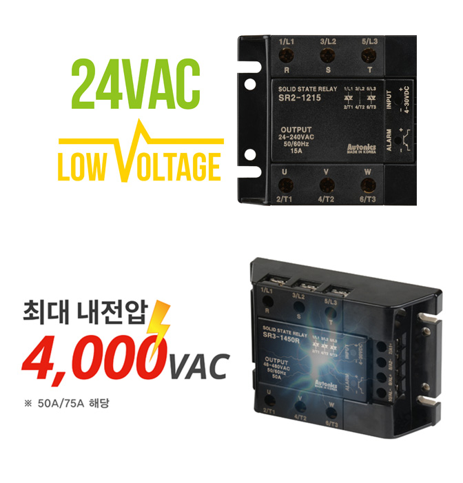 24VAC, LOW VOLTAGE, 최대 내전압 4,000VAC, * 50A/75A 해당